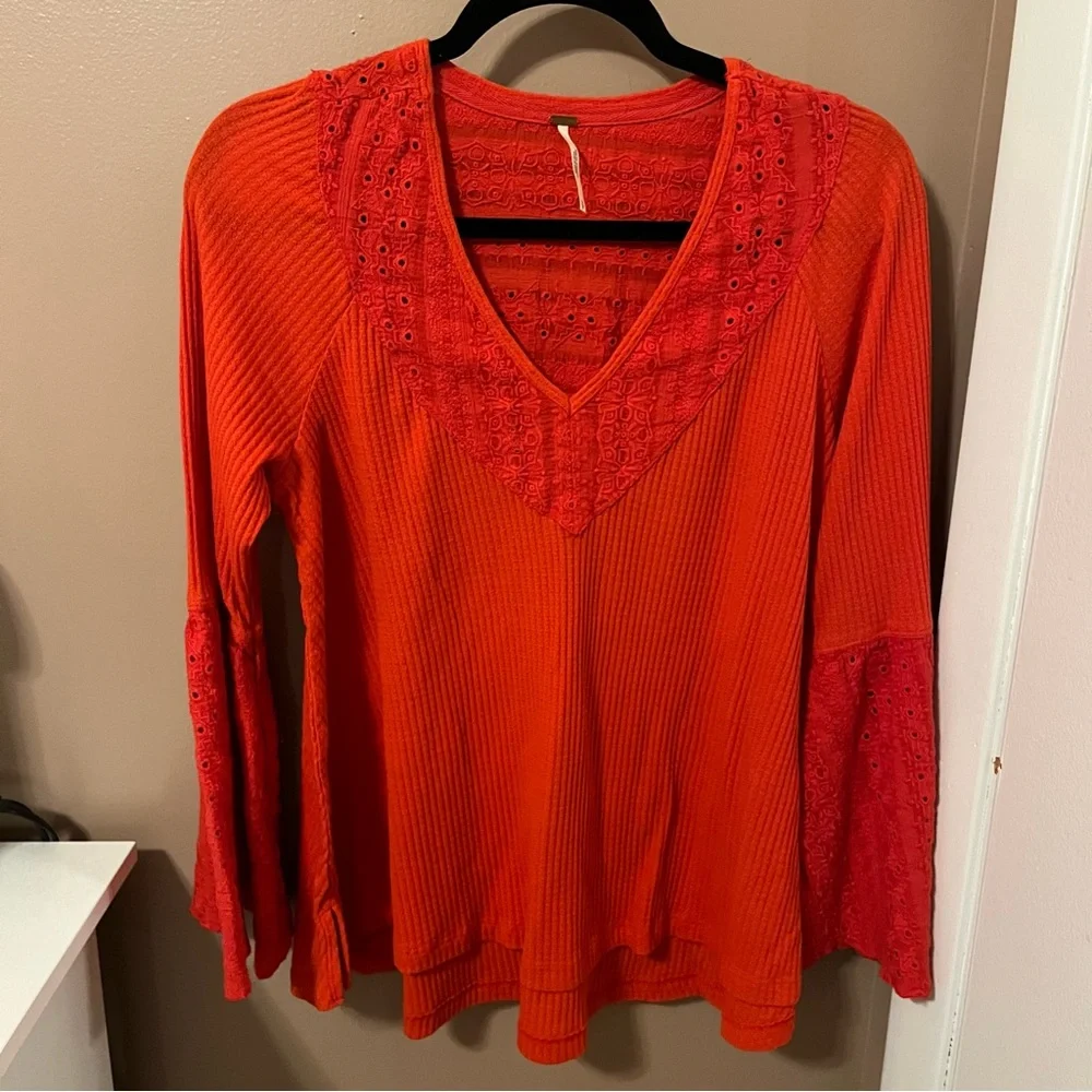Free People Red Parisian Nights Flowy Long Sleeve Top